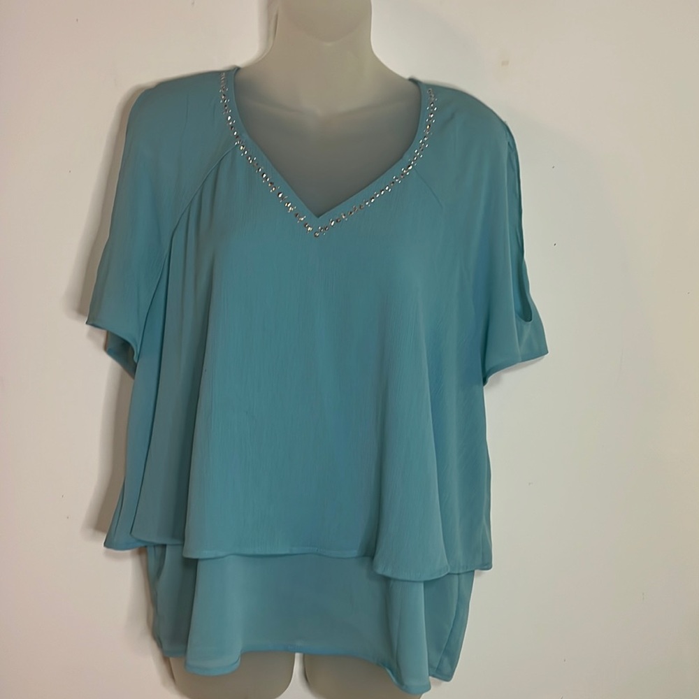 Juicy Couture Rhinestone V-Neck Tiered Chiffon Blouse Size L